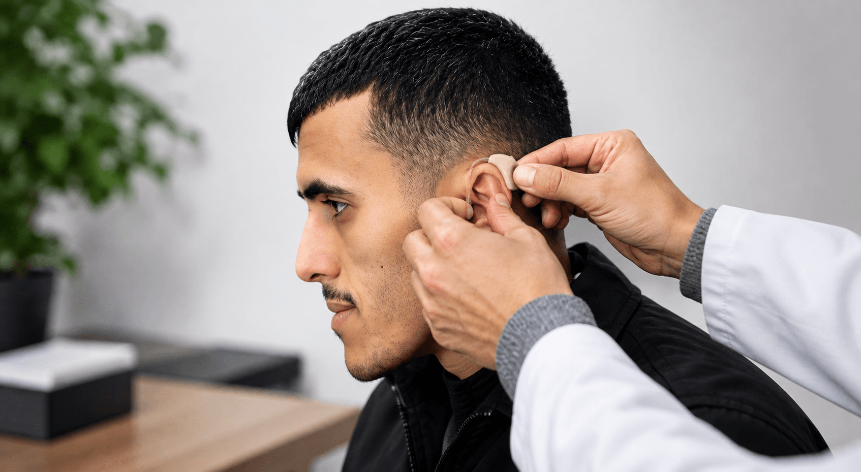 Audiologiste accompagnant un patient avec un appareil auditif moderne